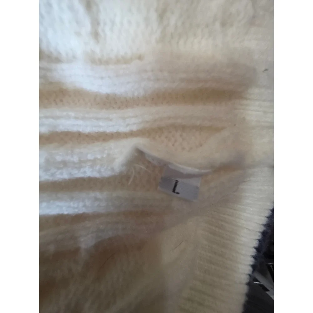 Womens Cable Knit Cardigan Sweater Cream Navy Red Gold Buttons Preppy Size L
